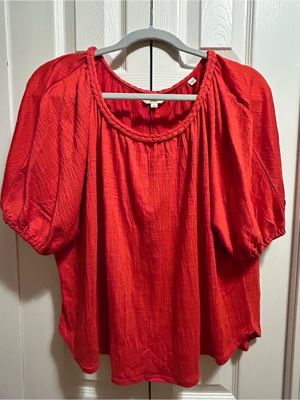 Max London Women’s Red Braided-Neck Puff Sleeve Top